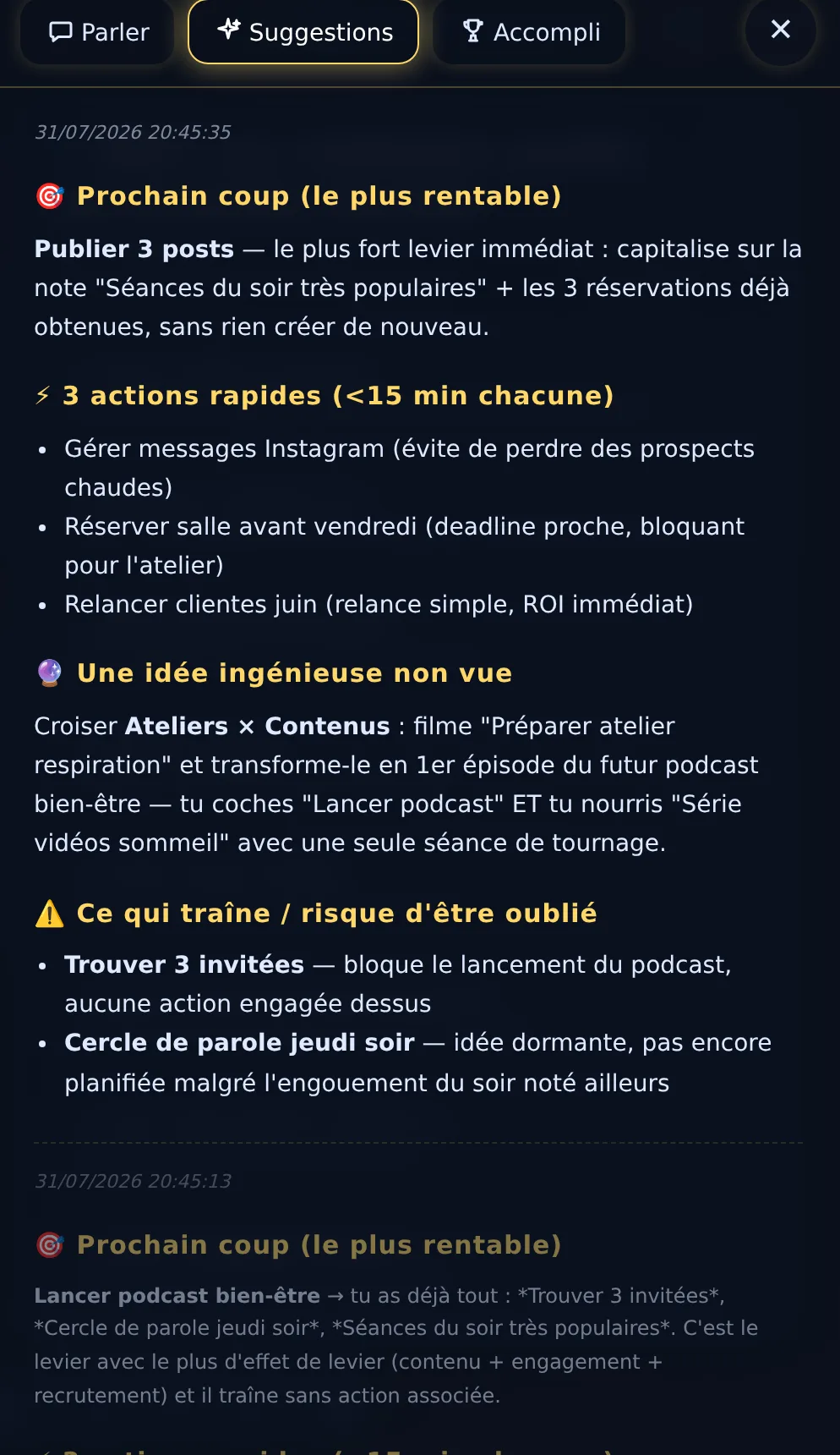 Les suggestions de NEXUS : prochain coup, actions rapides, idée non vue, ce qui traîne